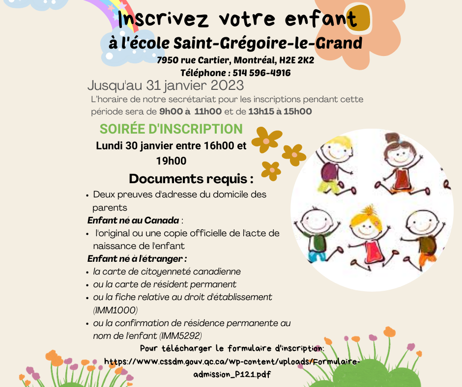 C'est l'heure des inscriptions à l'école École SaintGrégoireleGrand